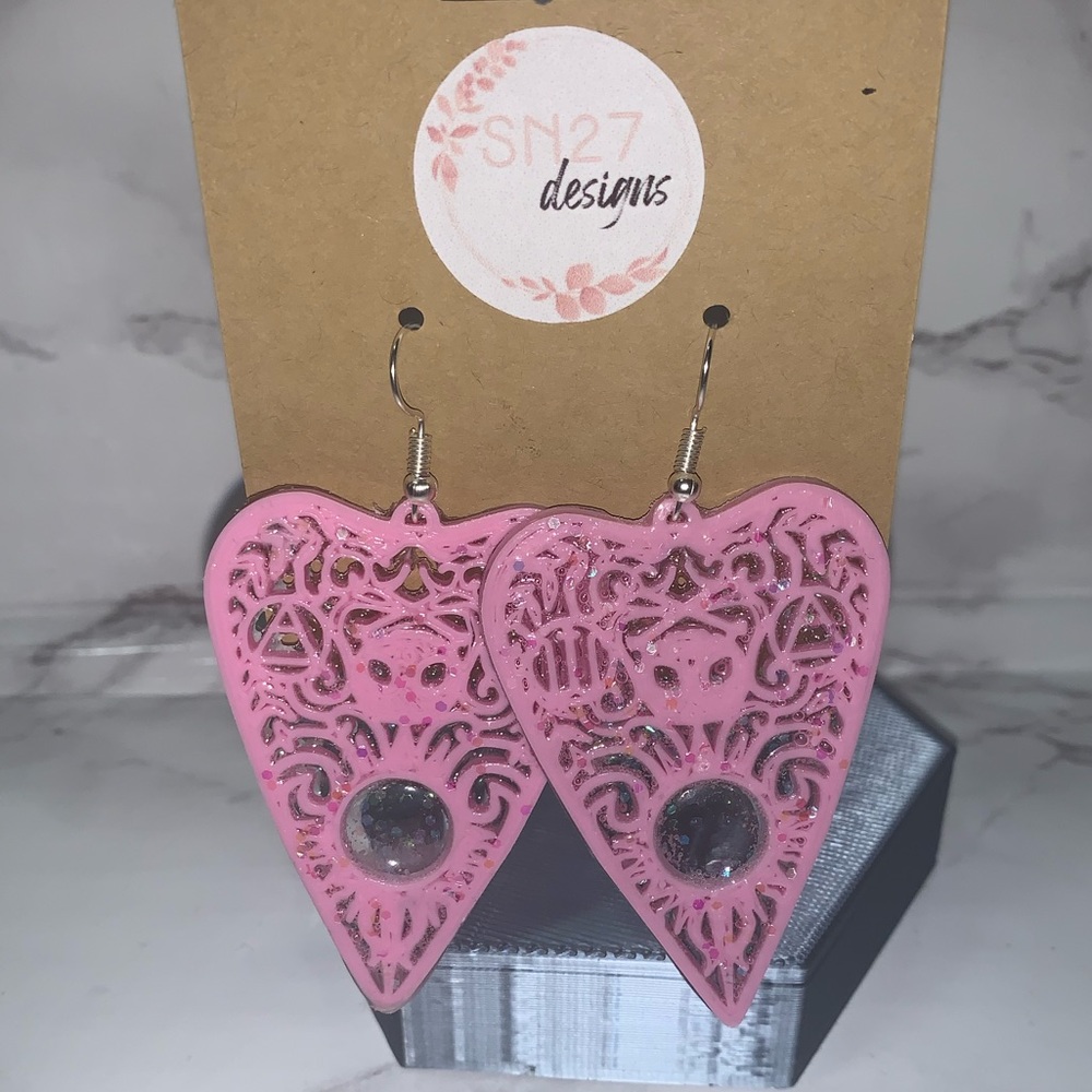 Ouija Board Pink Glitter Planchette Earrings